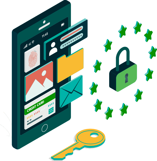 Illustration of mobile data security showing a smartphone with login credentials, credit card, email, and fingerprint icons, alongside a padlock surrounded by stars and a key symbolising GDPR compliance and digital privacy protection.