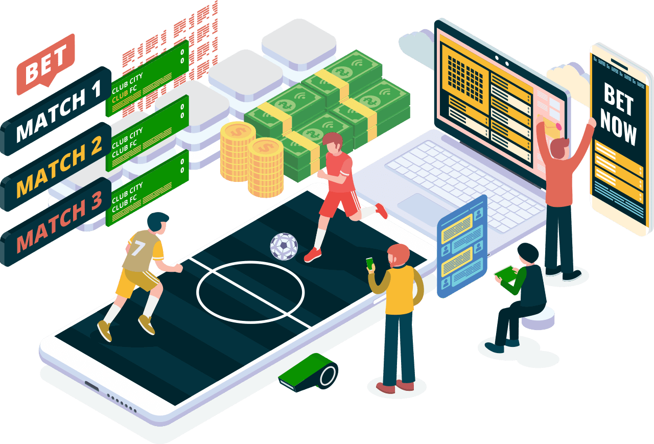 Sports Betting System - Isometric illustration of operators managing sports-betting systems with odds boards, cash flows, and analytics representing Gaming Associates’ testing of betting settlement, accuracy, and system integrity.