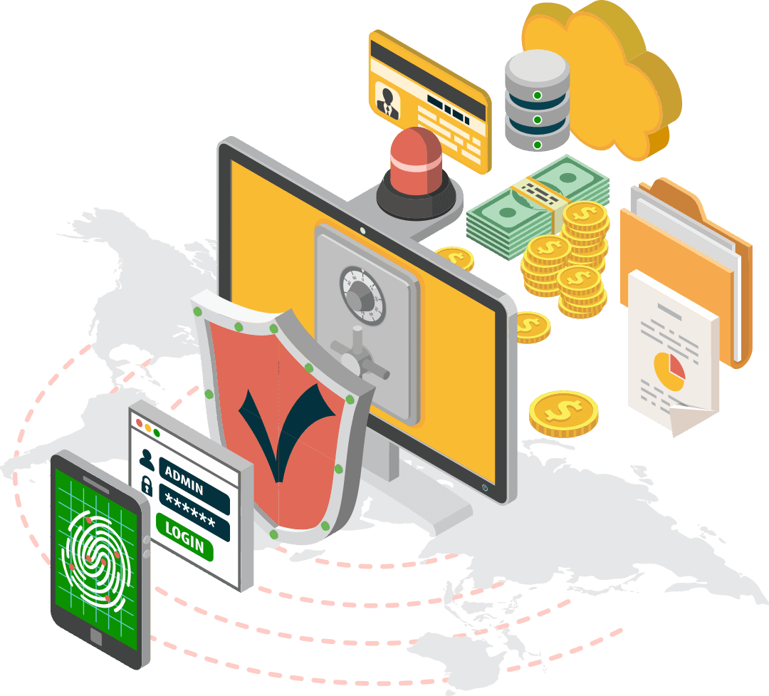 Visual representation of cybersecurity with a secure computer system protected by a shield and alarm, surrounded by icons of biometric login, cloud storage, ID cards, money, and documents highlighting secure access, fraud prevention, and data protection in financial and iGaming environments.