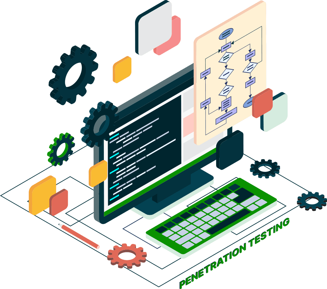 Illustration of penetration testing in progress, showing a computer screen with code, flowcharts, and gears — representing Gaming Associates’ approach to identifying vulnerabilities in iGaming platforms through advanced cybersecurity and regulatory-grade ethical hacking.