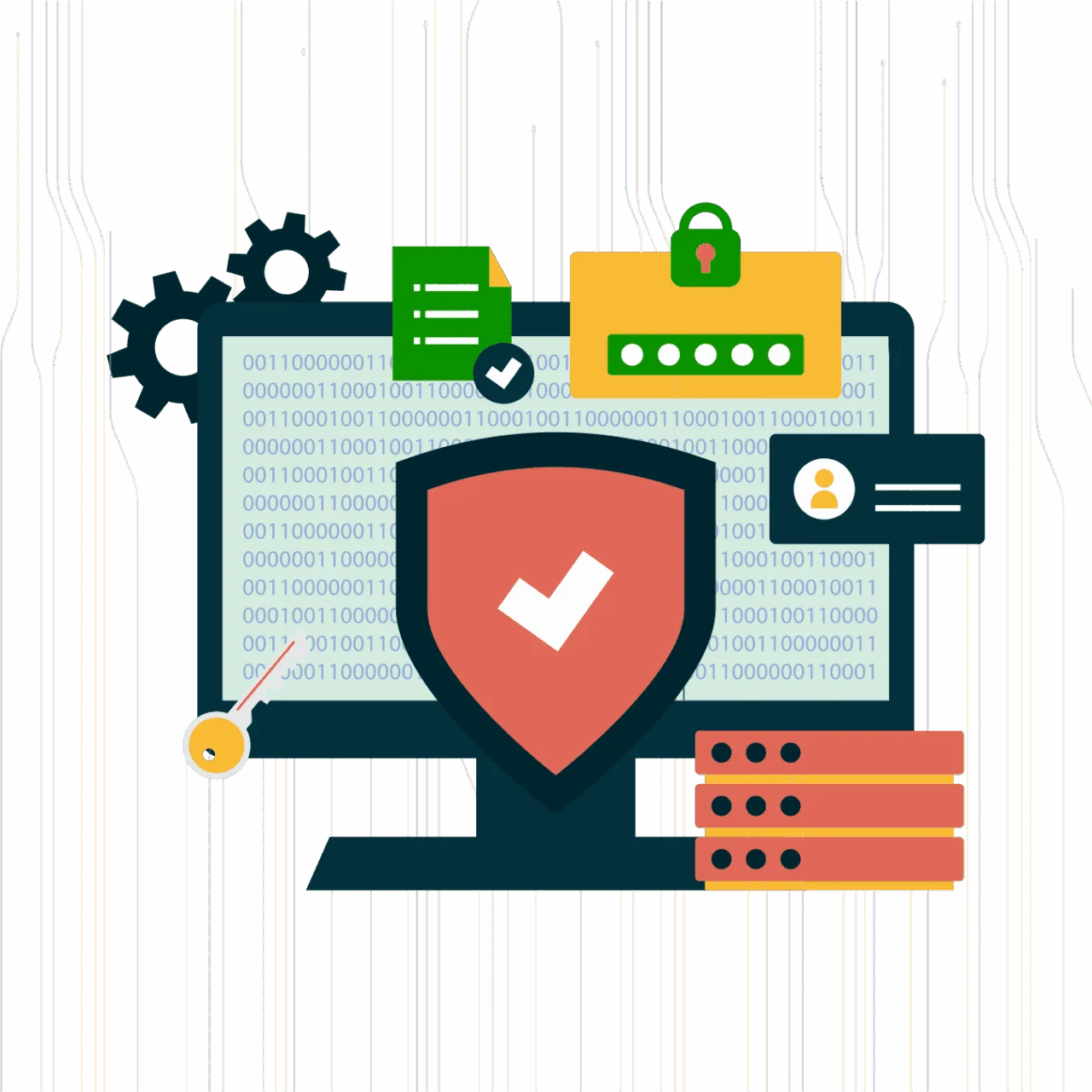 Validating Code Integrity - Icon style illustration of a computer screen with a shield, gears, and data modules illustrating secure RTP testing infrastructure and Gaming Associates’ commitment to integrity in testing services.