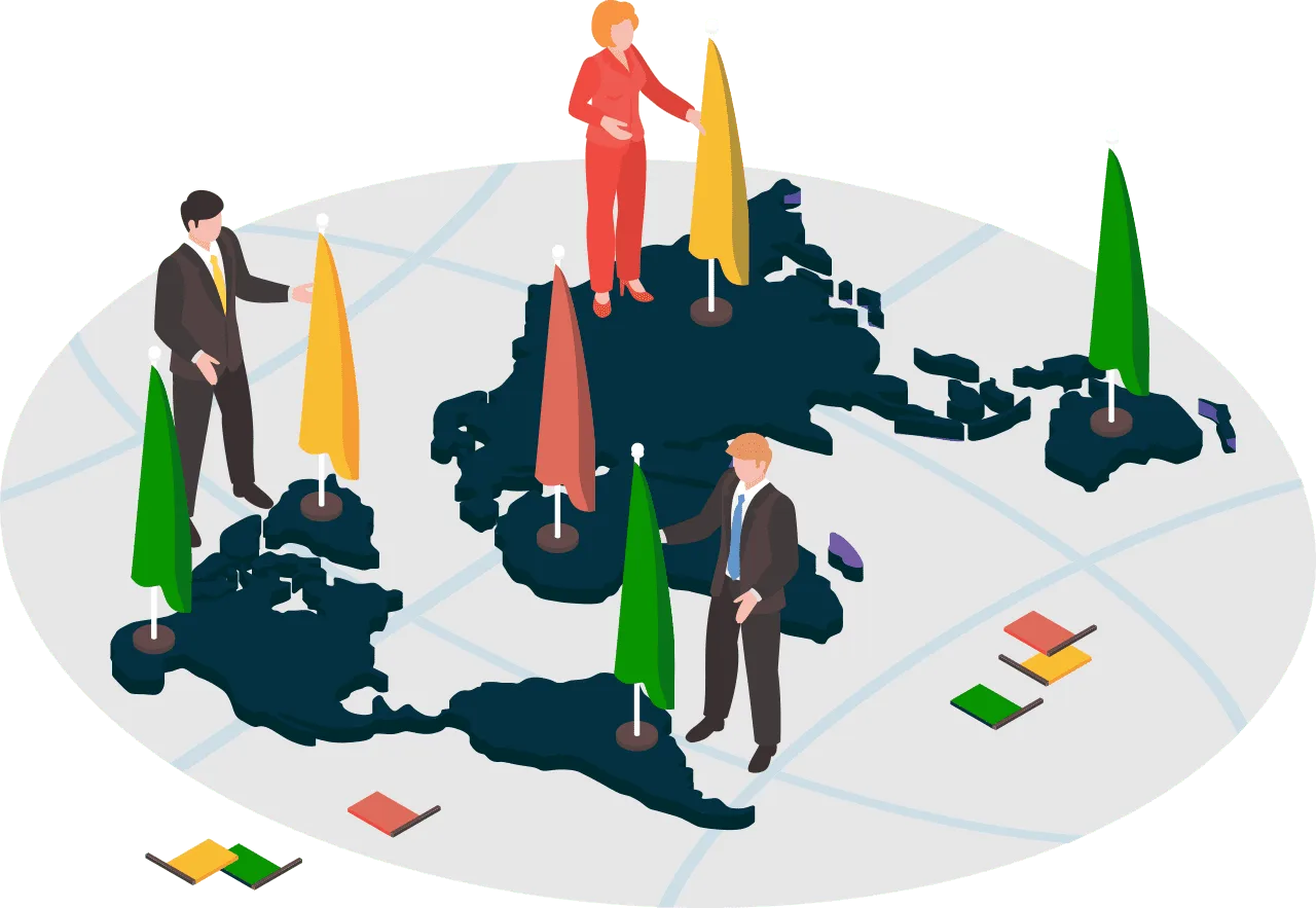 The illustration shows people marking world map, indicating global presence of Gaming Associates (ga) across 50+ Jurisdictions.